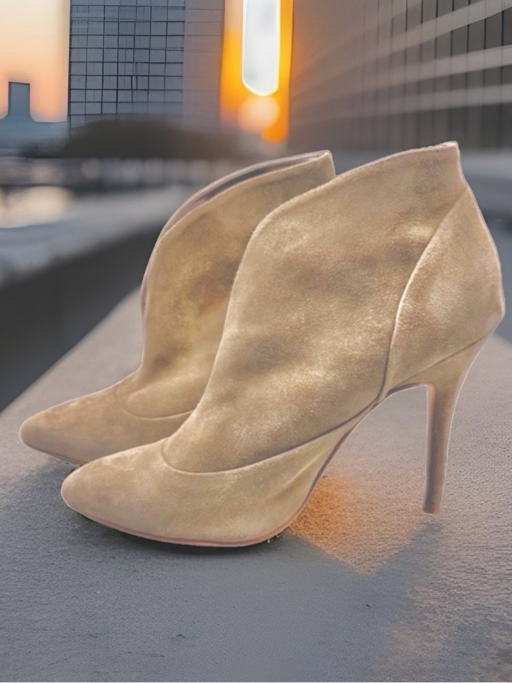 Express Beige Natural Suede Heeled Ankle Booties. 4.24” stiletto heels. Size 8
